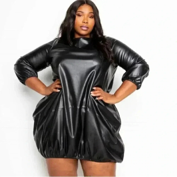 BLACK FAUX LEATHER LOOK BUBBLE HEM MINI DRESS - Picture 3 of 3